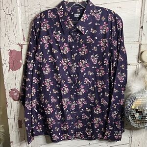 Lands' End Purple Floral Button Down Shirt Sz 14 Collared 100% Cotton ➡️22”-23”